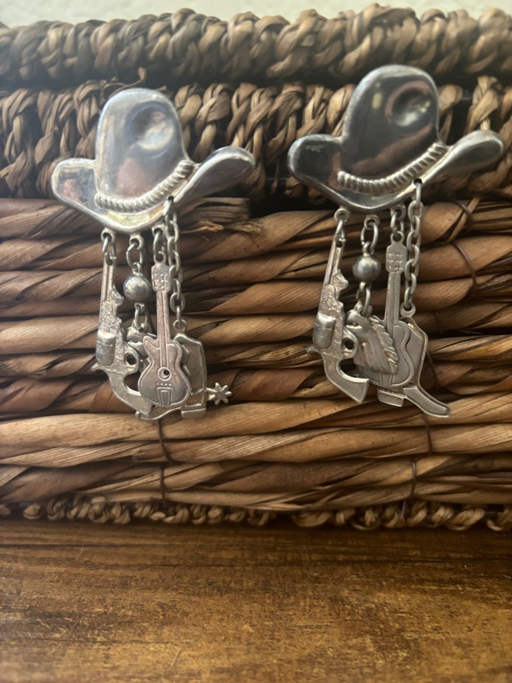 Western Cowboy Hat Dangle Earrings - Silver Tone